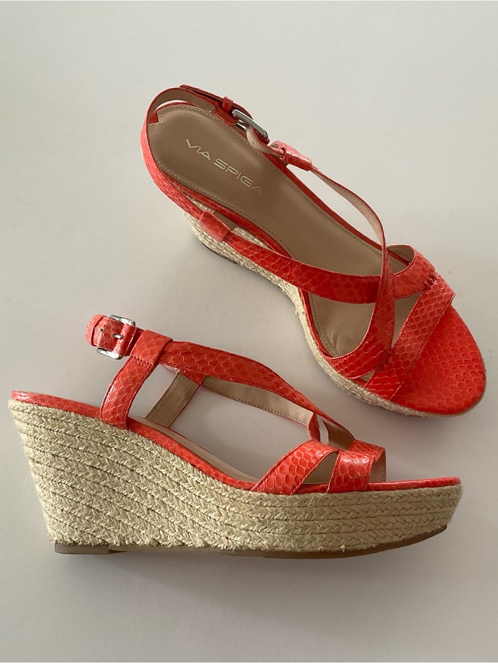 VIA SPIGA Wendi Crisscross Orange Snake Embossed Leather Wedge Sandal Size  8.5